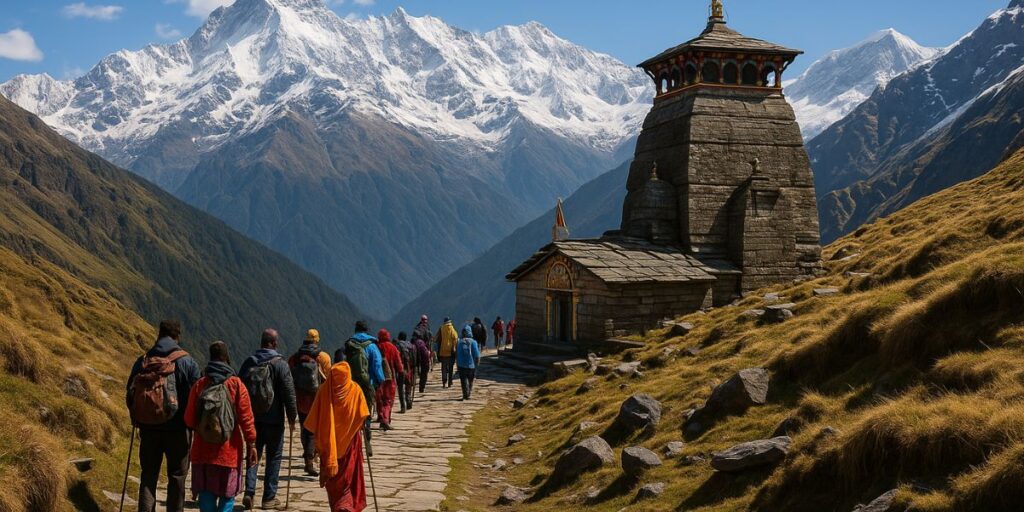 Pilgrims and trekkers walking towards Tungnath Temple in the Himalayas during Panch Kedar spiritual yatra with snow-capped mountains. Pilgrims and trekkers walking towards Tungnath Temple in the Himalayas during Panch Kedar spiritual yatra with snow-capped mountains.