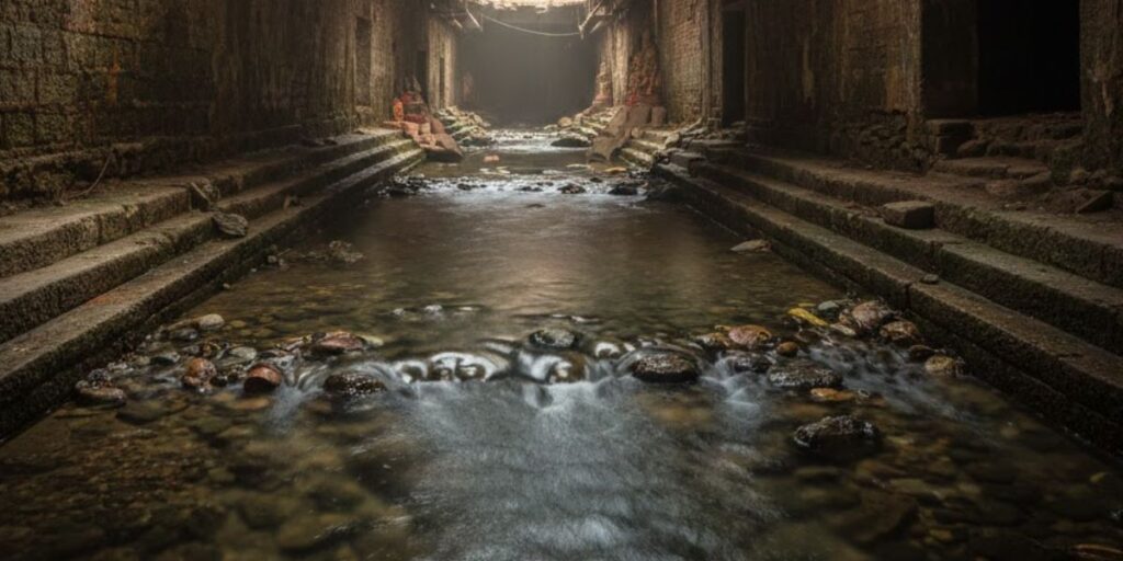 “Illustration of an Indian city showing an underground river flowing beneath roads and buildings, highlighting India’s hidden natural waterways.