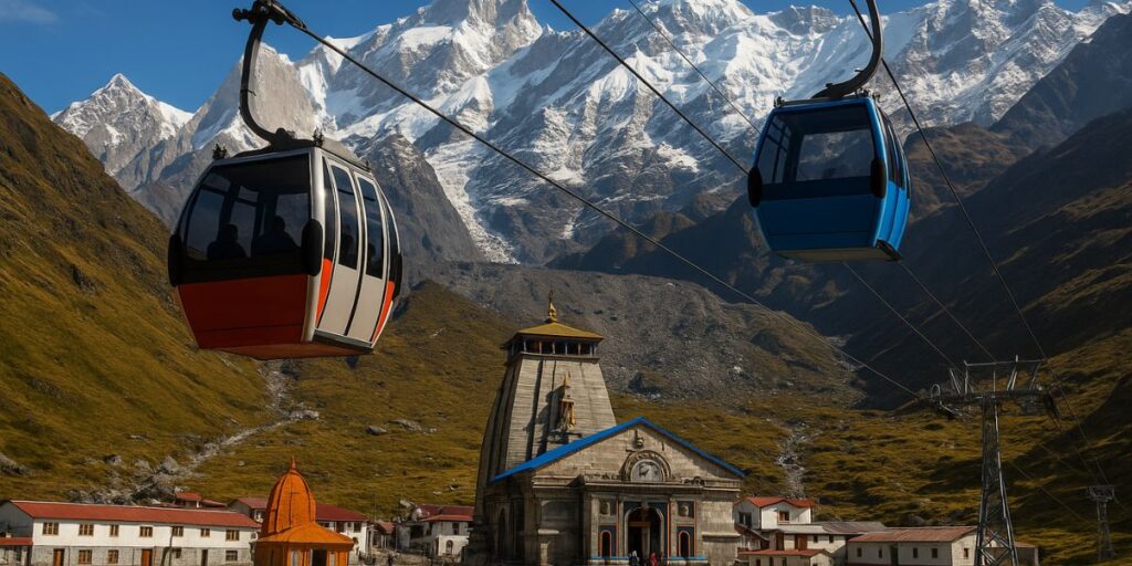 Aerial view of Kedarnath ropeway cabins moving through snow-covered Himalayan mountains with Kedarnath temple visible below.